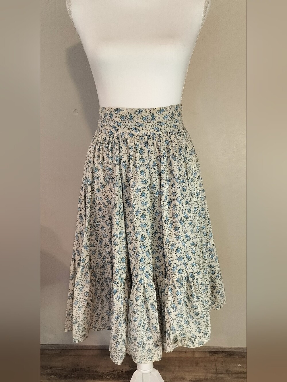 Blue Floral Midi Skirt with Ruffle Hem